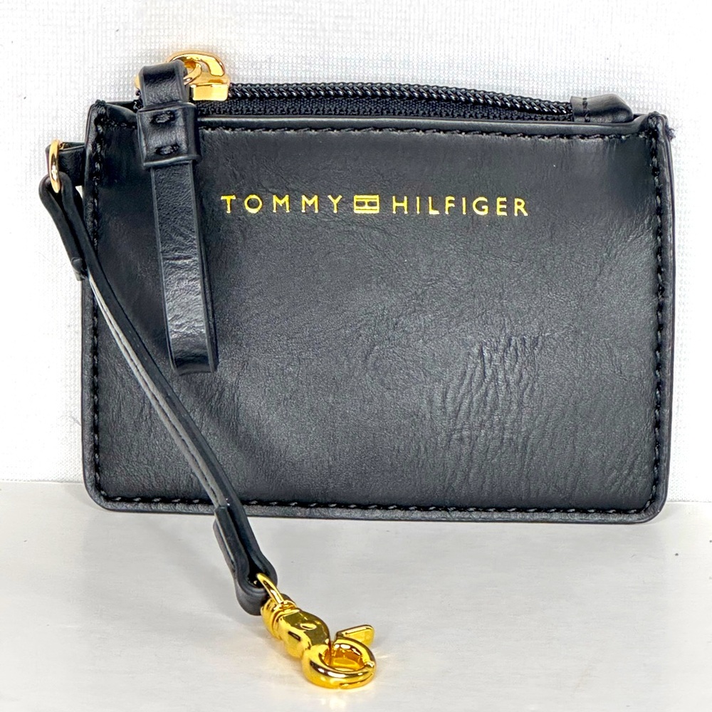 Tommy Hilfiger Coin Purse Black Faux Leather Gold Letter‎ Logo